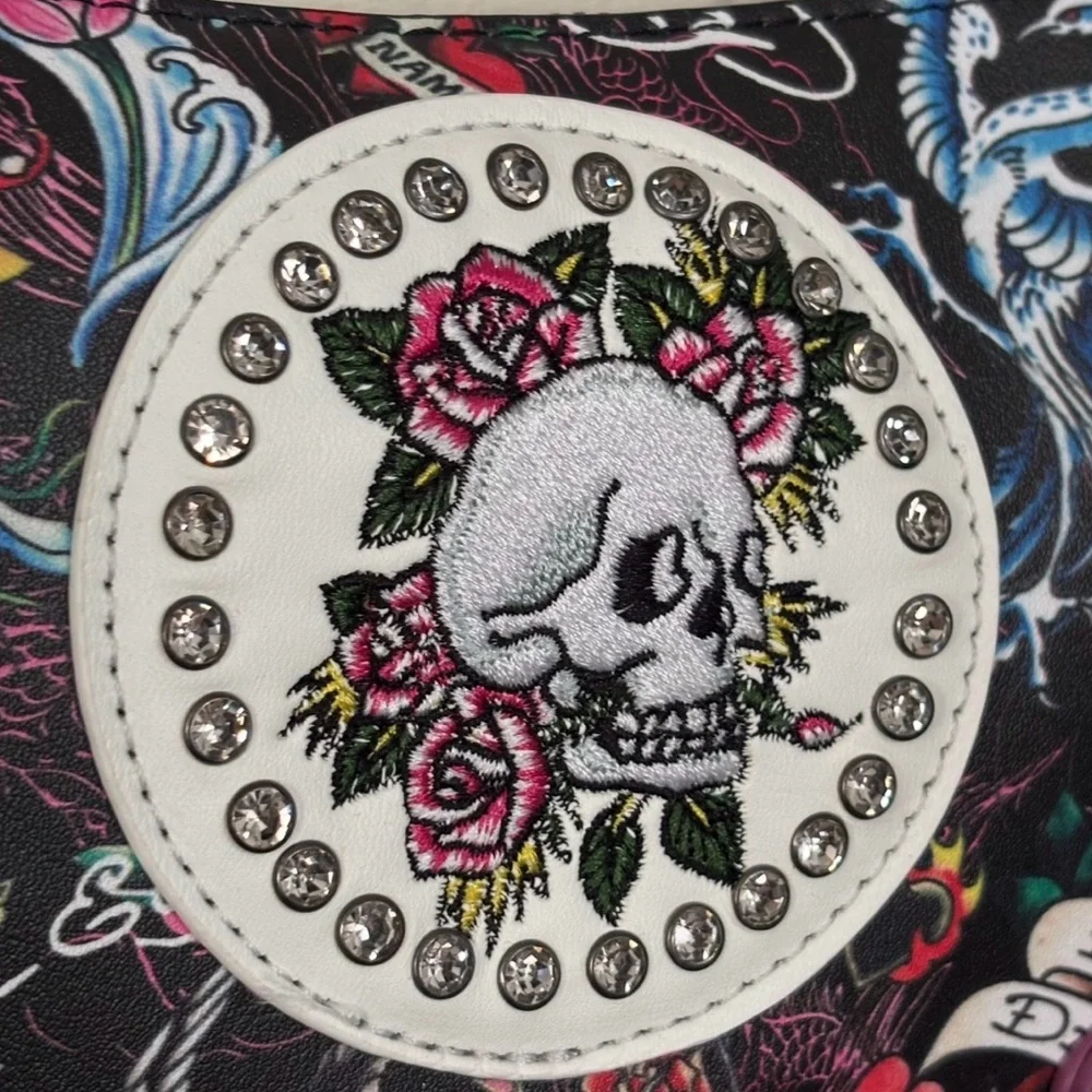 Ed Hardy Shoulder / Crossbody Bag Skull Rose Tattoo Print Rhinestone ms Y2K Punk